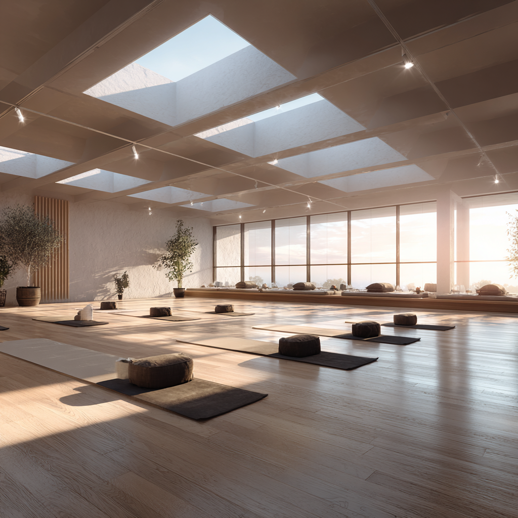 Spacious yoga studio with natural light and mature practitioners